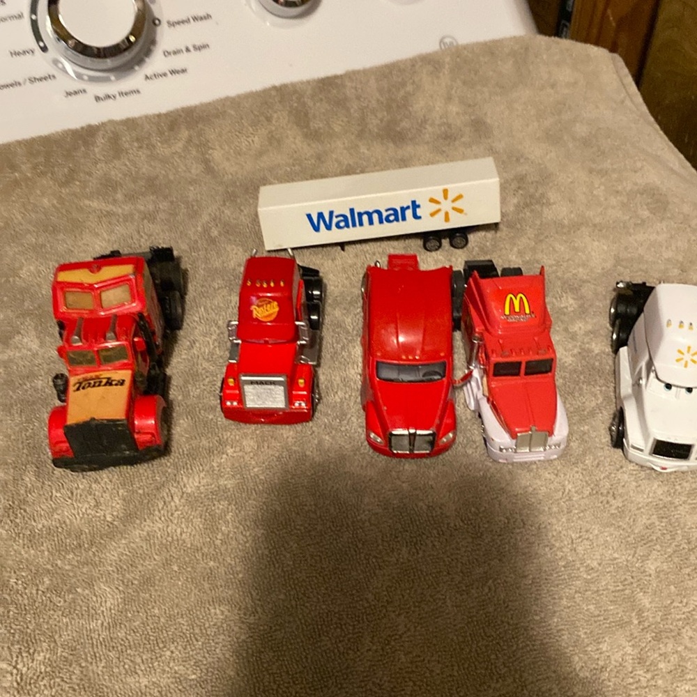 Metal toy, heavy duty, tractor, and trailers